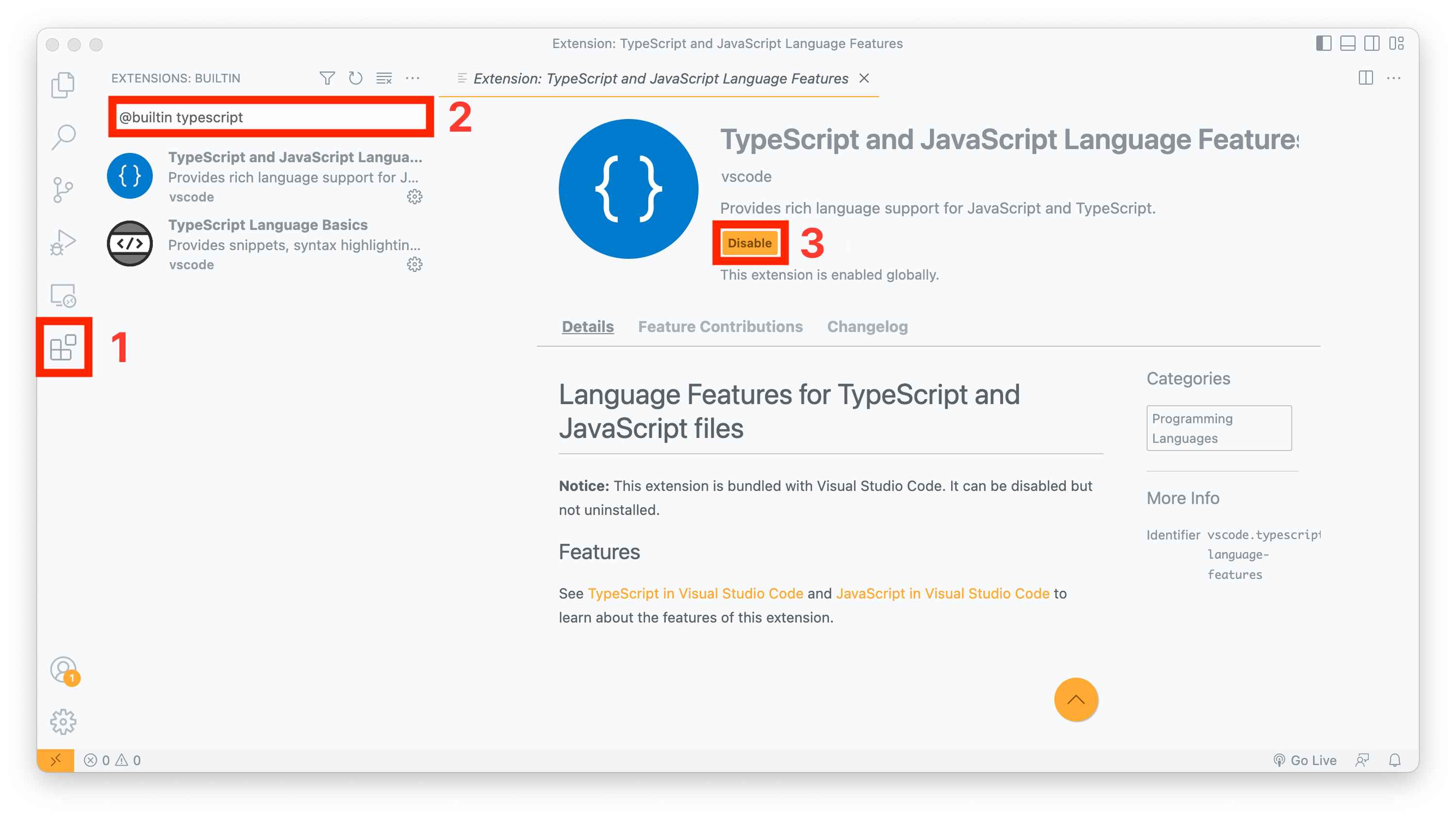 Steps to remove the TypeScript and Javascript Language Features extension from VS Code